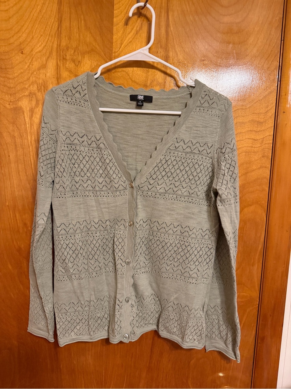 Frye Women's Sage Green Scallop-Edge Openwork Cardigan